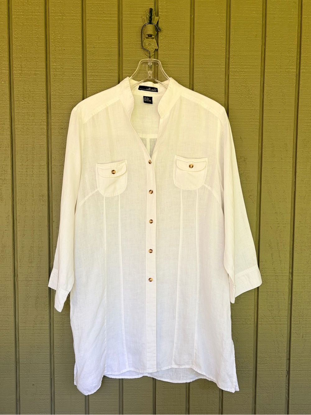 Willi Smith White Linen Button Up Tunic Top XL Beach Cover Up Pocket Front